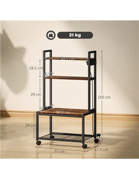 HOMCOM 4-Tier Printer Stand with Power Outlets and Wheels - Rustic Brown