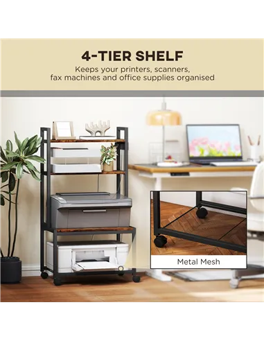 HOMCOM 4-Tier Printer Stand with Power Outlets and Wheels - Rustic Brown