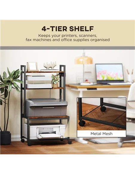 HOMCOM 4-Tier Printer Stand with Power Outlets and Wheels - Rustic Brown
