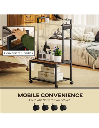 HOMCOM 4-Tier Printer Stand with Power Outlets and Wheels - Rustic Brown