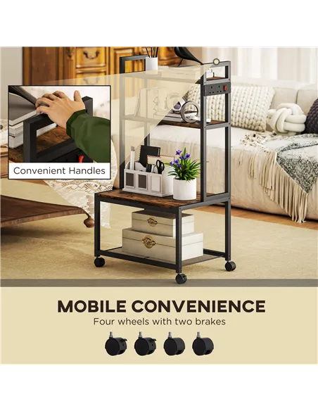 HOMCOM 4-Tier Printer Stand with Power Outlets and Wheels - Rustic Brown