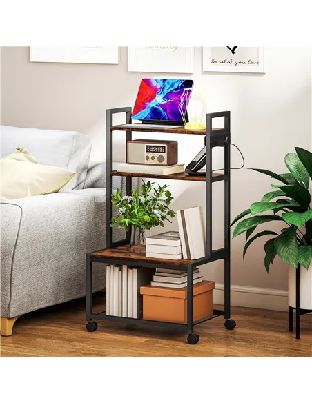 HOMCOM 4-Tier Printer Stand with Power Outlets and Wheels - Rustic Brown