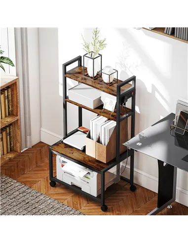 HOMCOM 4-Tier Printer Stand with Power Outlets and Wheels - Rustic Brown