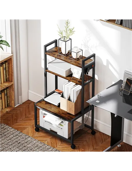 HOMCOM 4-Tier Printer Stand with Power Outlets and Wheels - Rustic Brown