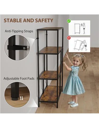 HOMCOM 4-Tier Bookshelf with Open Shelves - Rustic Brown