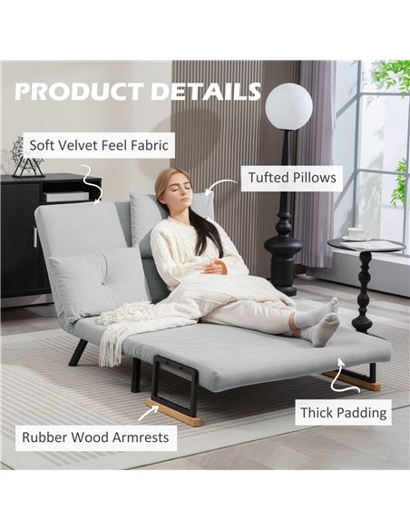 HOMCOM 4-in-1 Velvet-Feel Double Sofa Bed, with Pillows - Light Grey