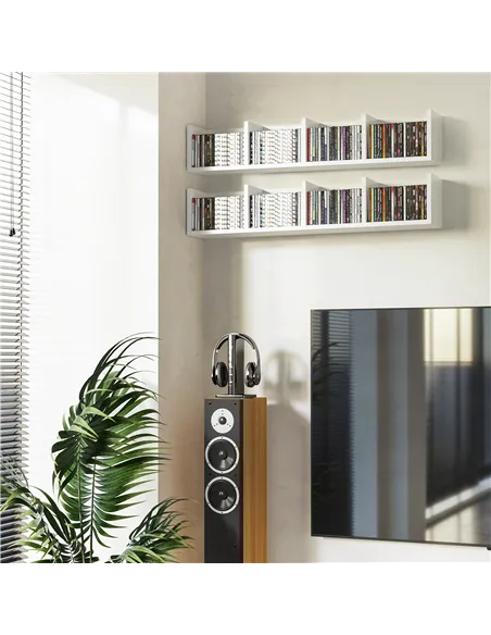 HOMCOM Wall Mount 84 CD / 56 DVD/Blu-ray/ Media Storage Rack 4 Cubes, Wooden Shelf Organiser Unit Bookcase Display, Set of 2, Wh