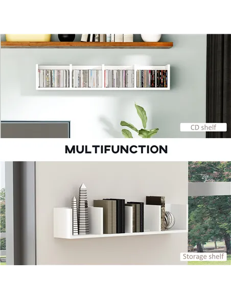 HOMCOM Wall Mount 84 CD / 56 DVD/Blu-ray/ Media Storage Rack 4 Cubes, Wooden Shelf Organiser Unit Bookcase Display, Set of 2, Wh