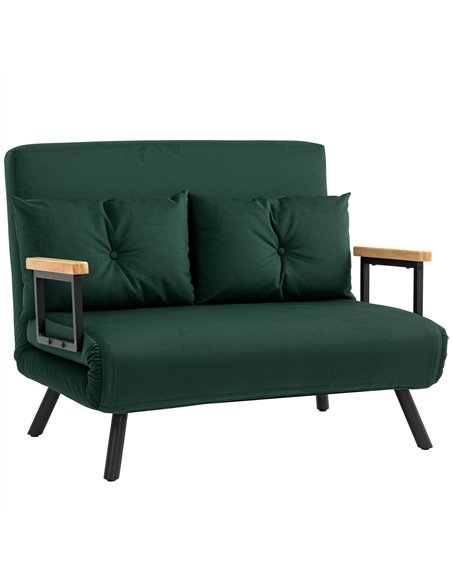 HOMCOM 4-in-1 Velvet-Feel Double Sofa Bed, with Pillows - Green
