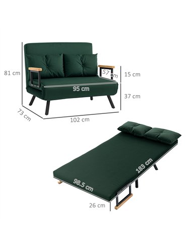 HOMCOM 4-in-1 Velvet-Feel Double Sofa Bed, with Pillows - Green