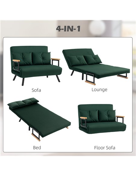 HOMCOM 4-in-1 Velvet-Feel Double Sofa Bed, with Pillows - Green