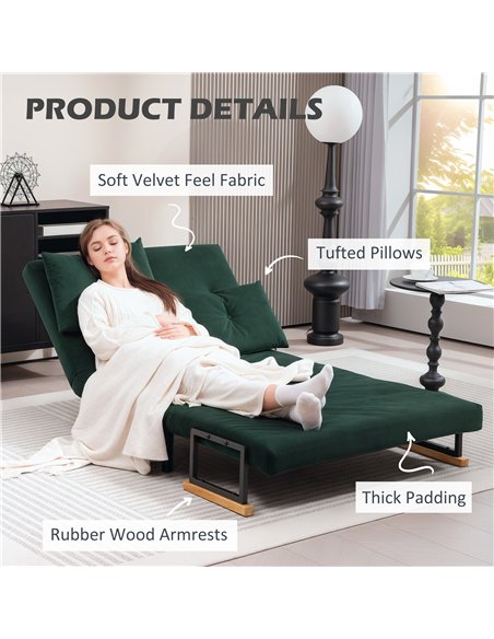 HOMCOM 4-in-1 Velvet-Feel Double Sofa Bed, with Pillows - Green