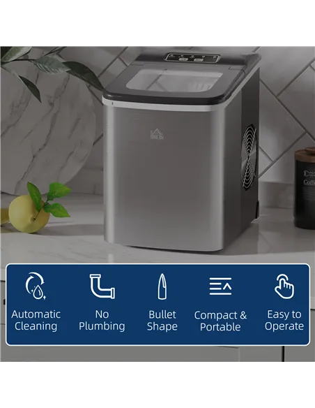 HOMCOM Ice Maker Machine Countertop, 9 Ice Cubes in 8 Mins, 12KG in 24Hrs, Self-Cleaning Portable Ice Cube Maker w/ Adjustable I