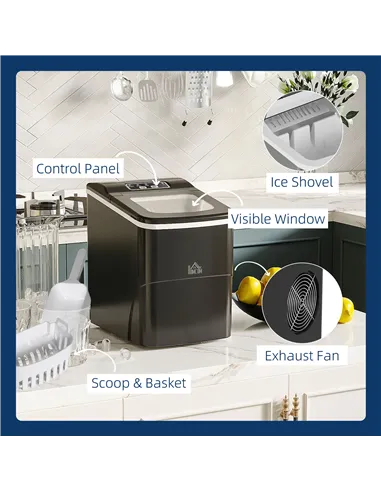HOMCOM Countertop Ice Machine, 12Kg in 24 Hrs, 9 Cubes Ready in 8 Mins, Portable Ice Cube Maker w/ Self-Cleaning, Adjustable Ice