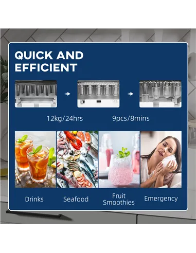 HOMCOM Countertop Ice Machine, 12Kg in 24 Hrs, 9 Cubes Ready in 8 Mins, Portable Ice Cube Maker w/ Self-Cleaning, Adjustable Ice