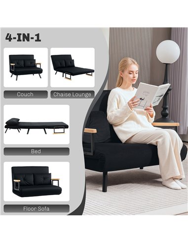 HOMCOM 4-in-1 Velvet-Feel Double Sofa Bed, with Pillows - Black