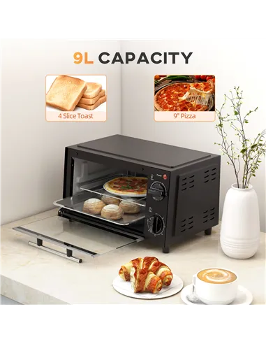 HOMCOM Mini Oven, 9L Countertop Electric Grill, Toaster Oven with Adjustable Temperature, Timer, Dishwasher Safe Baking Tray and