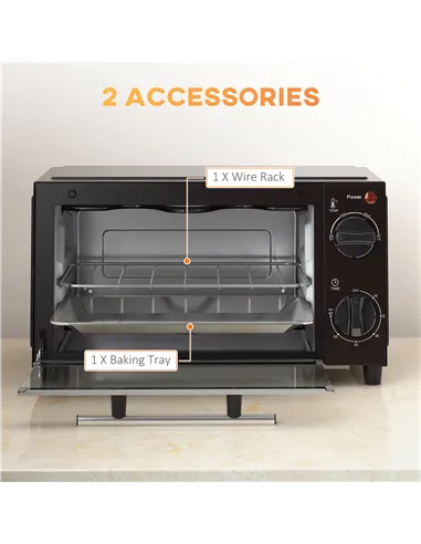 HOMCOM Mini Oven, 9L Countertop Electric Grill, Toaster Oven with Adjustable Temperature, Timer, Dishwasher Safe Baking Tray and