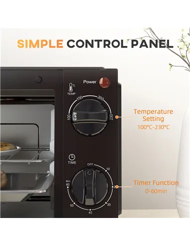 HOMCOM Mini Oven, 9L Countertop Electric Grill, Toaster Oven with Adjustable Temperature, Timer, Dishwasher Safe Baking Tray and