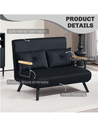 HOMCOM 4-in-1 Velvet-Feel Double Sofa Bed, with Pillows - Black