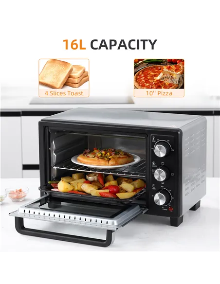 HOMCOM 16L Mini 1400W Countertop Oven - Black/Silver Tone