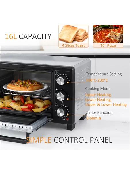 HOMCOM 16L Mini 1400W Countertop Oven - Black/Silver Tone