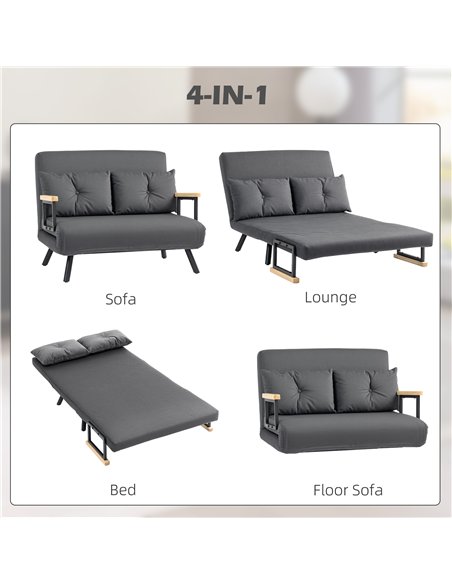 HOMCOM 4-in-1 Velvet-Feel Double Sofa Bed, with Pillows - Dark Grey