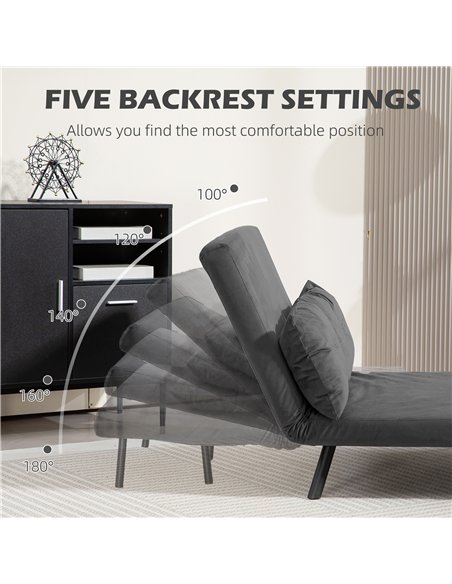HOMCOM 4-in-1 Velvet-Feel Double Sofa Bed, with Pillows - Dark Grey