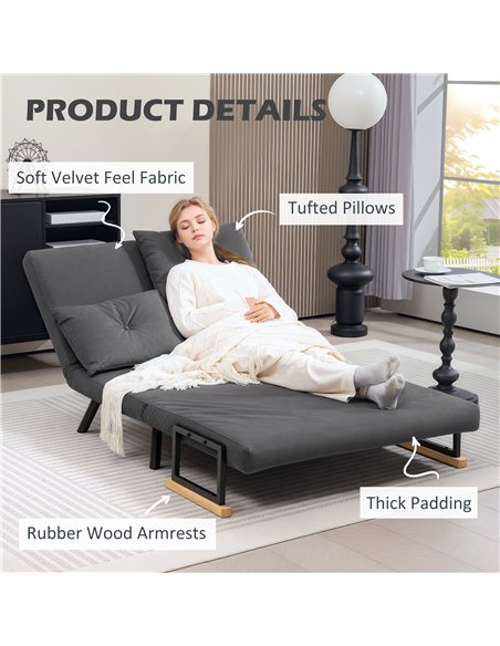 HOMCOM 4-in-1 Velvet-Feel Double Sofa Bed, with Pillows - Dark Grey