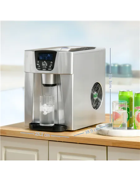 HOMCOM 3L Ice Maker Machine and Water Dispenser, 12kg in 24H, 2 Sizes 9 Ice Cubes Ready in 6-10 Mins Ice Machine, Silver