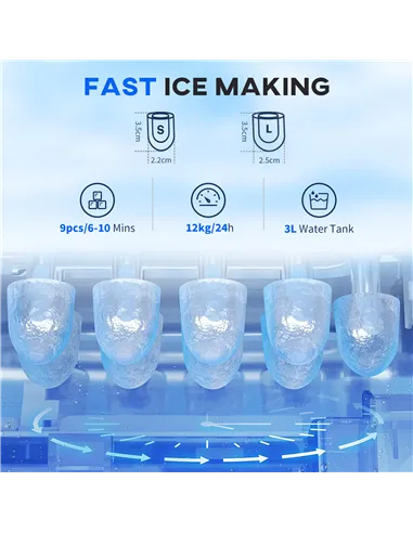 HOMCOM 3L Ice Maker Machine and Water Dispenser, 12kg in 24H, 2 Sizes 9 Ice Cubes Ready in 6-10 Mins Ice Machine, Silver