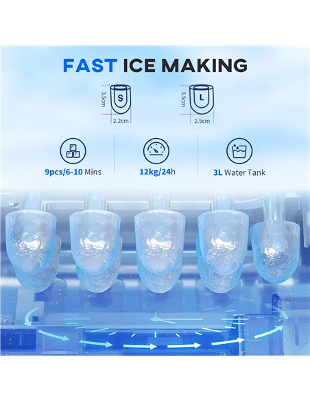 HOMCOM 3L Ice Maker Machine and Water Dispenser, 12kg in 24H, 2 Sizes 9 Ice Cubes Ready in 6-10 Mins Ice Machine, Silver