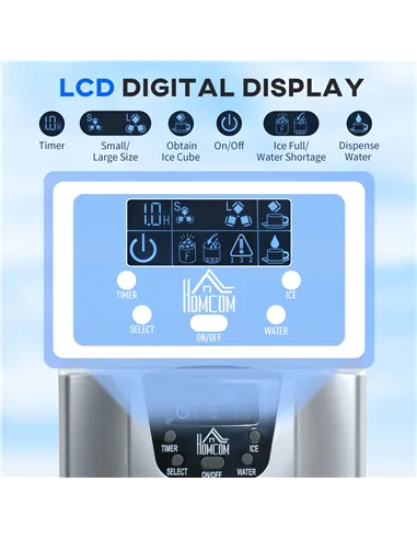 HOMCOM 3L Ice Maker Machine and Water Dispenser, 12kg in 24H, 2 Sizes 9 Ice Cubes Ready in 6-10 Mins Ice Machine, Silver