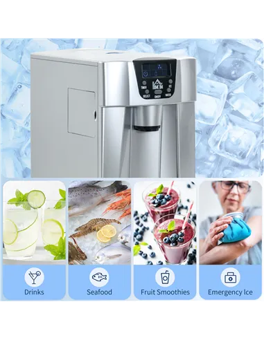 HOMCOM 3L Ice Maker Machine and Water Dispenser, 12kg in 24H, 2 Sizes 9 Ice Cubes Ready in 6-10 Mins Ice Machine, Silver