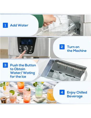 HOMCOM 3L Ice Maker Machine and Water Dispenser, 12kg in 24H, 2 Sizes 9 Ice Cubes Ready in 6-10 Mins Ice Machine, Silver