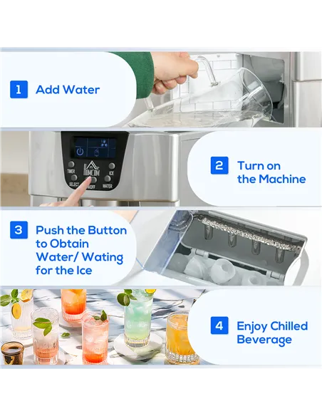 HOMCOM 3L Ice Maker Machine and Water Dispenser, 12kg in 24H, 2 Sizes 9 Ice Cubes Ready in 6-10 Mins Ice Machine, Silver