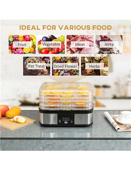 HOMCOM 5 Tier Food Dehydrator, 245W Stainless Steel Food Dryer Machine with Adjustable Temperature, Timer and LCD Display for Dr