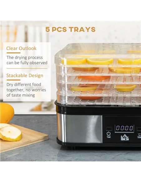 HOMCOM 5 Tier Food Dehydrator, 245W Stainless Steel Food Dryer Machine with Adjustable Temperature, Timer and LCD Display for Dr