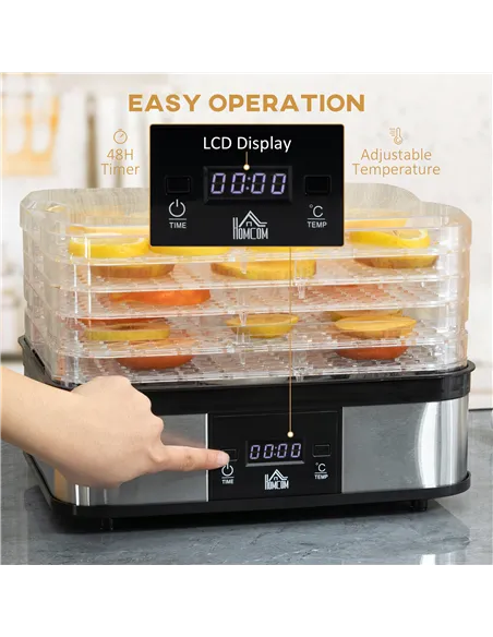 HOMCOM 5 Tier Food Dehydrator, 245W Stainless Steel Food Dryer Machine with Adjustable Temperature, Timer and LCD Display for Dr