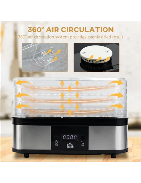 HOMCOM 5 Tier Food Dehydrator, 245W Stainless Steel Food Dryer Machine with Adjustable Temperature, Timer and LCD Display for Dr