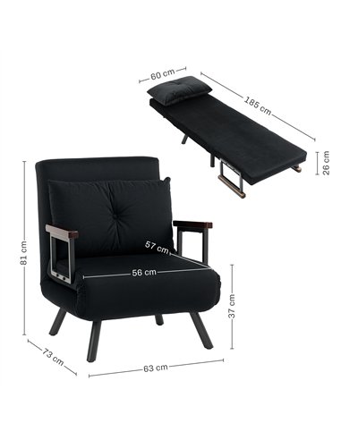 HOMCOM 4-in-1 Velvet-Feel Single Chair Bed, with Pillow - Black