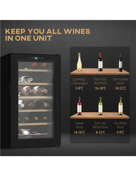 HOMCOM 24 Bottle Wine Fridge, 65 Litre Capacity, 43cm Freestanding Wine Cooler Fridge with Glass Door, LED Light, Digital Touch 