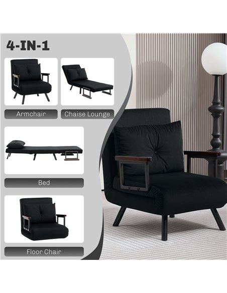 HOMCOM 4-in-1 Velvet-Feel Single Chair Bed, with Pillow - Black