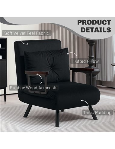HOMCOM 4-in-1 Velvet-Feel Single Chair Bed, with Pillow - Black
