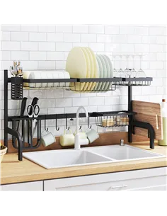 HOMCOM Space Saving 2 Tier Adjustable Dish Drainer Over The Sink Dish Drying Rack, Black
