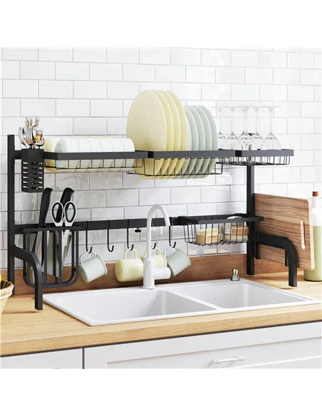 HOMCOM Space Saving 2 Tier Adjustable Dish Drainer Over The Sink Dish Drying Rack, Black