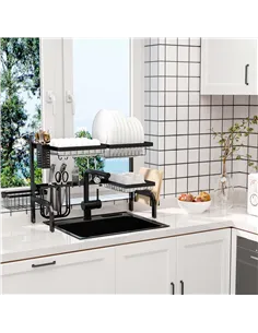 HOMCOM Space Saving 2 Tier Adjustable Dish Drainer Over The Sink Dish Drying Rack, Black 2