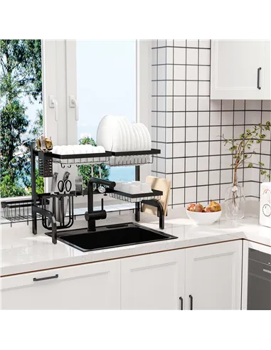 HOMCOM Space Saving 2 Tier Adjustable Dish Drainer Over The Sink Dish Drying Rack, Black