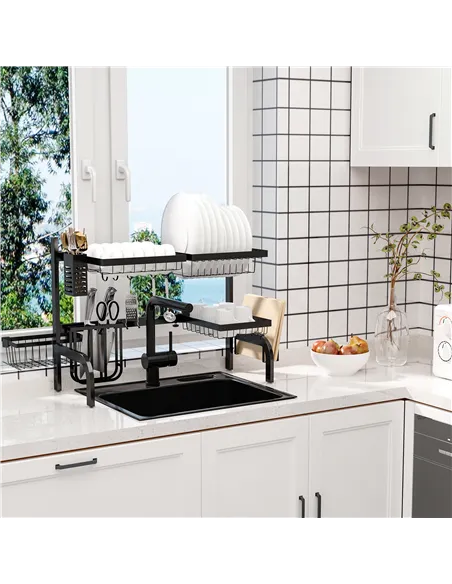 HOMCOM Space Saving 2 Tier Adjustable Dish Drainer Over The Sink Dish Drying Rack, Black