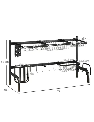 HOMCOM Space Saving 2 Tier Adjustable Dish Drainer Over The Sink Dish Drying Rack, Black
